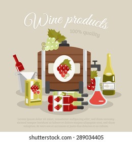 Wine products tagline still life with bottles and keg flat poster vector illustration