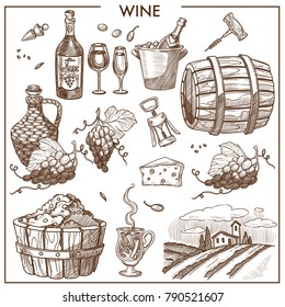 Wine promotional poster in sepia colors with grapes and bottles