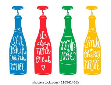 Wine puns. Vector set of four wine bottles with text. Every bottle is isolated