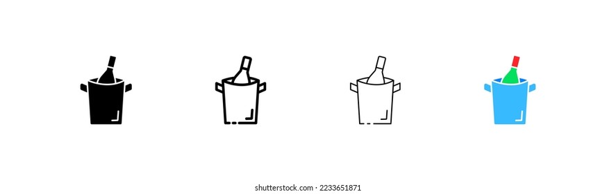 Wine put in a bucket to cool set icon. Bottle, bottle, glass, hand, aging, taste, smell, conditions, temperature. Restaurant concept. Vector four icon in different style on white background