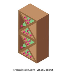 Wine rack storing bottles, wooden structure with triangular cells for storing bottles, isometric view