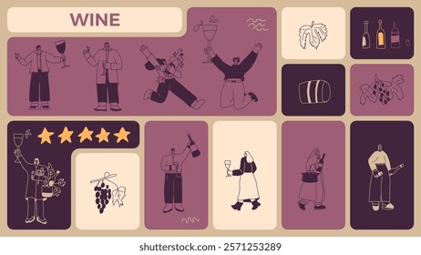 Wine wine rating. People drink cocktails on bento grid box background. Tasting event on modular mosaic grid. Party with alcohol drinks. Women and men with wineglasses. Geometric vector illustration.