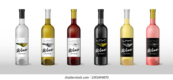 Wine realistic 3D bottle with hand-drawn label retro vintage design template set. Alcohol industry vineyard wine grapes hills farm emblem. Monochrome romantic rural landscape. Vector