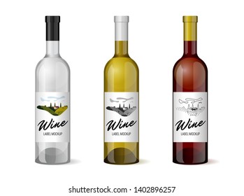 Wine realistic 3d bottle with hand-drawn label retro vintage design template set. Vineyard wine grapes hills farm emblem. Monochrome romantic rural landscape, white on black. Vector illustration