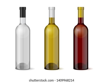 Wine realistic 3d bottle packaging template set for alcohol industry design. Vector illustration