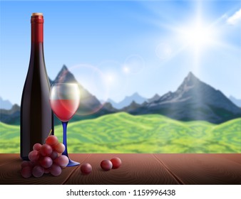 Wine realistic background with mountains view and wooden table vector illustration