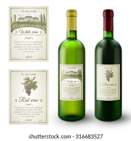 Wine realistic bottles and paper sticky labels set isolated vector illustration