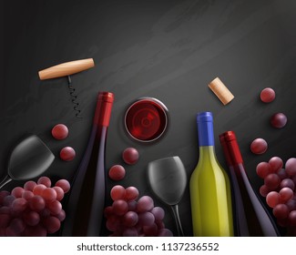 Wine realistic composition with red and white wine and grapes vector illustration