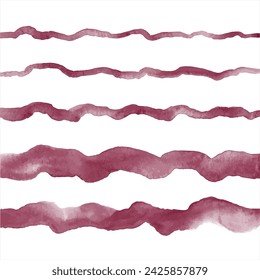 Wine red, bordeaux watercolor vector wavy winding long brush strokes, uneven wide, thin stripes, doodle streaks. Hand drawn watercolour graphic design elements set, text backgrounds, border templates