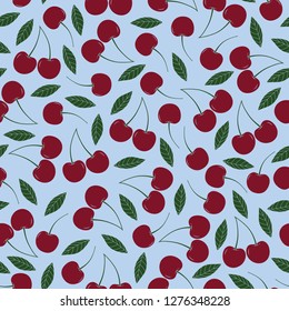Wine red cherry and green leaf on light blue background. Vector seamless repeat pattern. Surface pattern.
