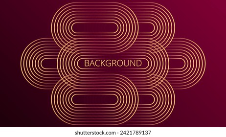Wine red gradient abstract background with gold rounded line design. Vintage geometric pattern. Shiny poster or web banner template. Blended lines
