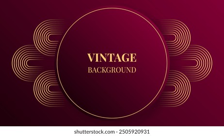 Wine red gradient abstract background with gold rounded lines and shadows. Modern geometric pattern. Shiny poster or web banner template. Blended lines