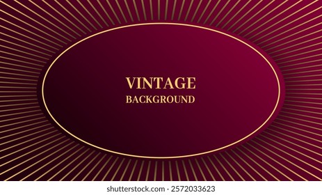 Wine red gradient abstract background with gold oval and concentric beams. Shiny poster or web banner template