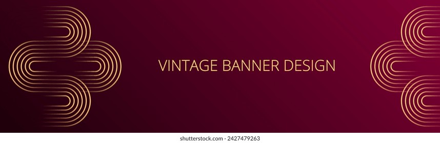 Wine red gradient banner. Abstract background with gold wavy lines design. Vintage geometric pattern. Web banner template. Blended lines