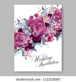 Wine red maroon Peony spring floral wedding invitation vector background Bridal bouquet