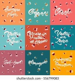 Wine regions of France hand-lettering calligraphy vector: Corse, valee de la Loire, Armagnac, Cognac, Sud-Ouest, Valee du Rhone, Bearn et valee d'Adour, Auvergne et Forez, Languedoc et Roussillion.
