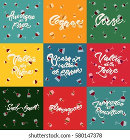 Wine regions of France hand-lettering calligraphy vector: Corse, valee de la Loire, Armagnac, Cognac, Sud-Ouest, Valee du Rhone, Bearn et valee d'Adour, Auvergne et Forez, Languedoc et Roussillion.