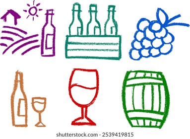 Conjunto de Vector de dibujo de tiza de crayón de icono relacionado con el vino