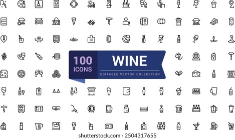 Wine related icons set. Related to grape, glass, barrel, cheese, vineyard icon. Pixel perfect, minimalistic web and UI icon. Outline icon collections.