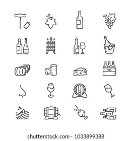 Iconos relacionados con el vino: conjunto de iconos de vector delgado, kit blanco y negro
