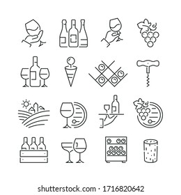Wine related icons: thin vector icon set, black and white kit