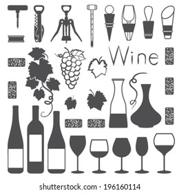 Wine related silhouette icons vector set  