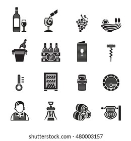 Wine related vector icons set - vector symbols of bottle, glass or pub logo elements.