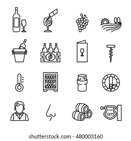 Wine related vector icons set - vector line symbols of bottle, glass or pub logo elements.
