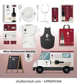 Wine Restaurant Identity Flat Cartoon Vector Illustration. Branding Corporate Mockup. Realistic Uniform, Logo, Menu, Business Cards, Truck, Street Menu ChalkBoard. Application Design, Utensil.