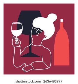 Vinho. Restaurante. Arte em linha, vetor	
