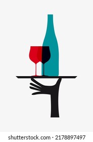 Wine restaurant menu design. Hand of a waiter or sommelier with wine glasses and bottles. Background for wine list. Vector illustration