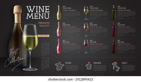 El restaurante de vinos tiene un diseño de carta con botellas y copas de vino realistas. Fondo de charla