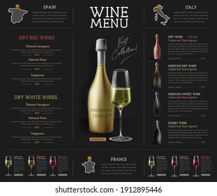 Wine restaurant menu design with realistic wine glasses and bottles. Chalk background