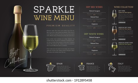 Wine Restaurant Menu Design With Realistic Wine Glasses And Bottles. Chalk Background