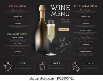 Wine restaurant menu design with realistic wine glasses and bottles. Chalk background