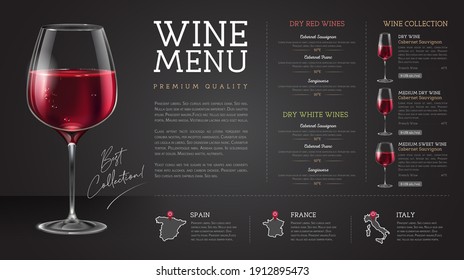 Wine restaurant menu design with realistic wine glasses and bottles. Chalk background