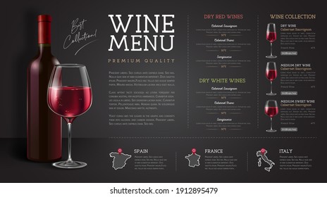 Wine restaurant menu design with realistic wine glasses and bottles. Chalk background