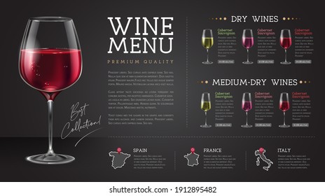 El restaurante de vinos tiene un diseño de carta con botellas y copas de vino realistas. Fondo de charla