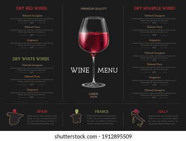 Wine restaurant menu design with realistic wine glasses and bottles. Chalk background