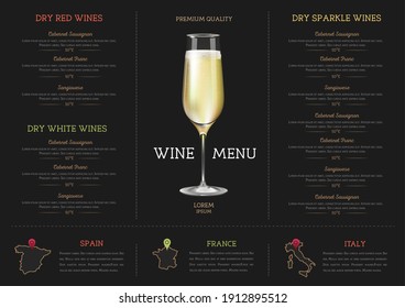 Wine restaurant menu design with realistic wine glasses and bottles. Chalk background