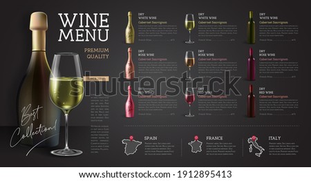 Wine restaurant menu design with realistic wine glasses and bottles. Chalk background