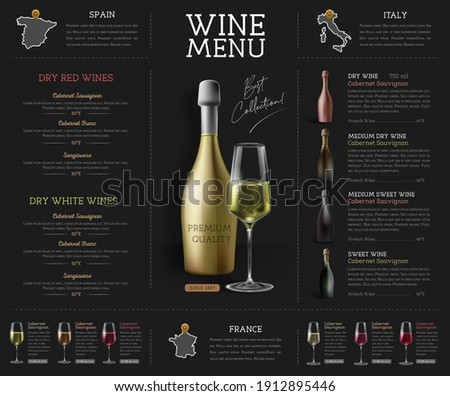 Wine restaurant menu design with realistic wine glasses and bottles. Chalk background