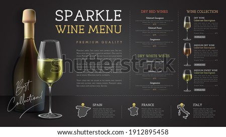 Wine restaurant menu design with realistic wine glasses and bottles. Chalk background