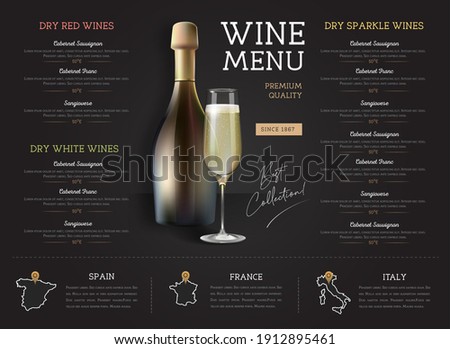 Wine restaurant menu design with realistic wine glasses and bottles. Chalk background