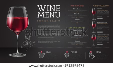 Wine restaurant menu design with realistic wine glasses and bottles. Chalk background