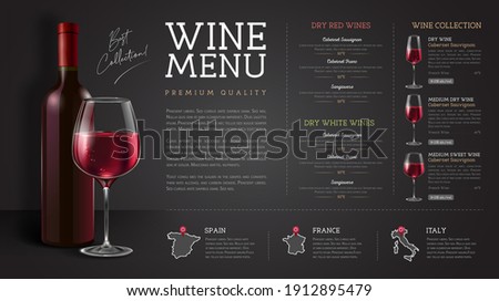 Wine restaurant menu design with realistic wine glasses and bottles. Chalk background