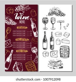 Wine Restaurant Menu. Design template includes different Vector hand drawn illustrations and Brushpen Modern Calligraphy.