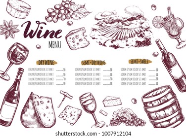 Wine Restaurant Menu. Design template includes different Vector hand drawn illustrations and Brushpen Modern Calligraphy.