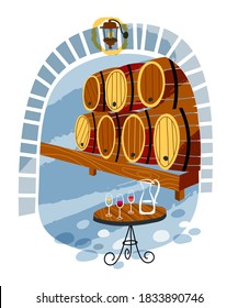 Wine restaurant storage with barrels and kegs background. Table with jug and glasses of wine. Wooden winery interior design. Organic produce vector illustration. Beverage traditional business.