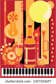 Wine retro poster design with music instruments. Guitar, trumpet and piano flat vector illustration